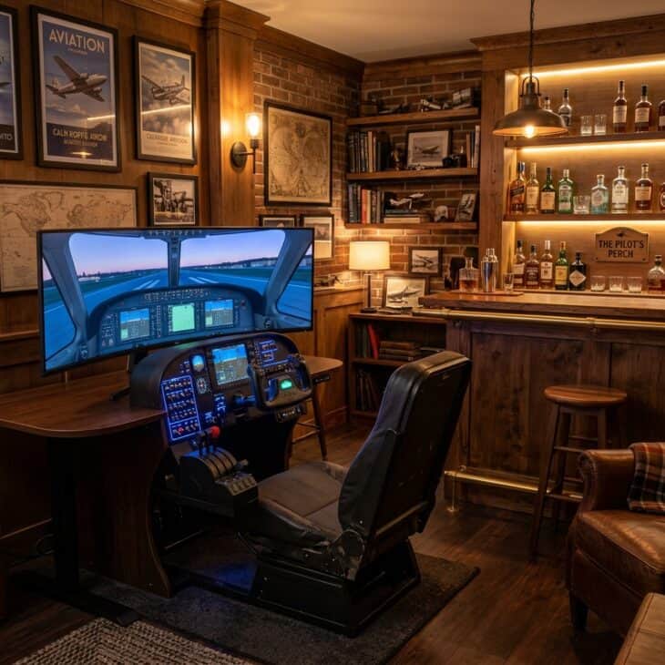 Home flight simulator corner with yoke throttle and curved monitor beside a bar