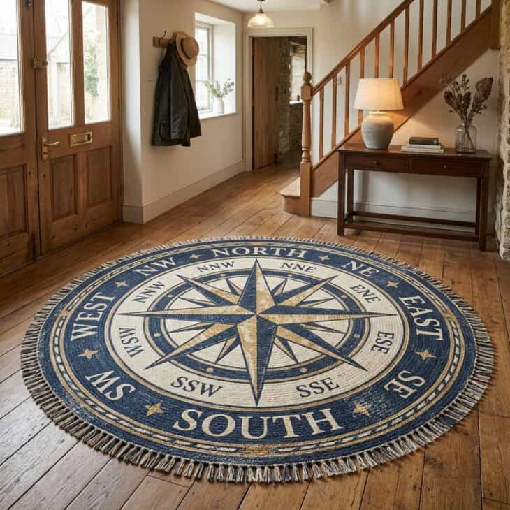 A compass-rose rug grounds an entryway with a navigator's flourish.