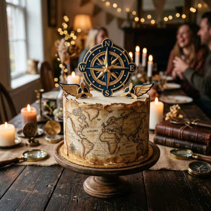 Cake with a navy and gold fondant compass rose and small wings on top
