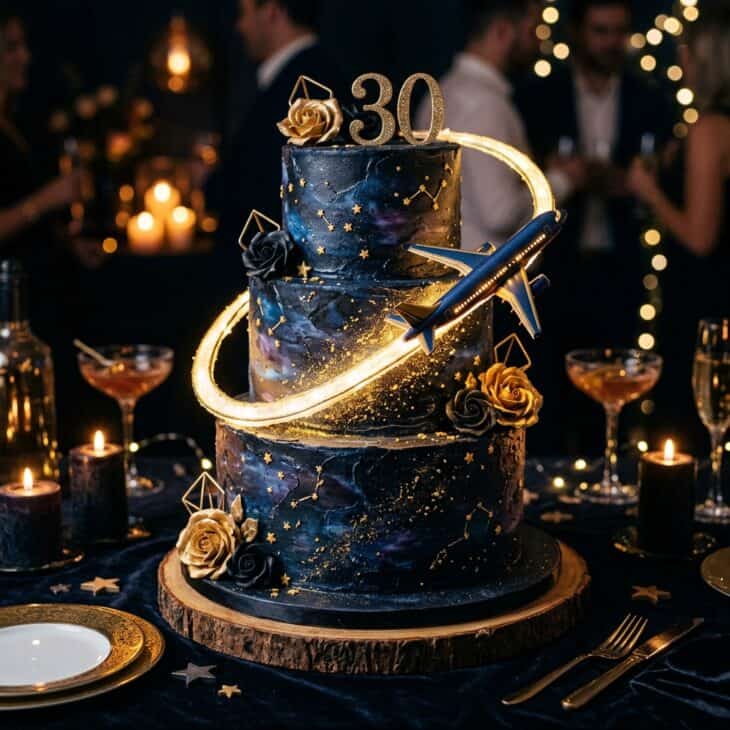 Dark galaxy cake with gold stars and a glowing plane arcing across the top