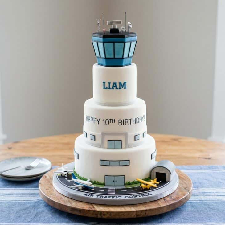 Three-tier cake styled as an air traffic control tower with a glass cab on top