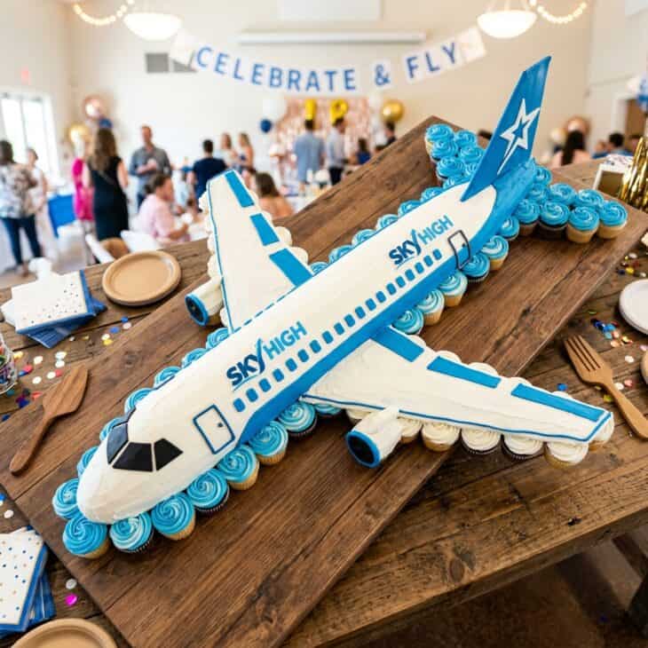 Cupcakes arranged into the shape of an airplane on a long board