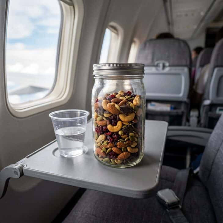 A clear jar of homemade trail mix with nuts, dried cranberries and chocolate on an airplane tray table