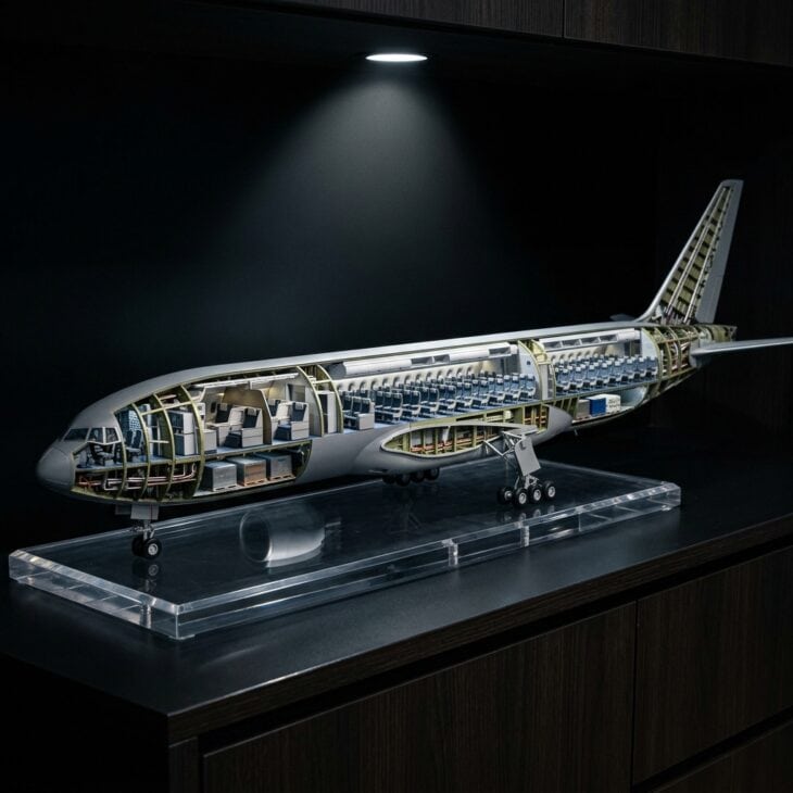 A riser and a bright light show off a cutaway model's interior.