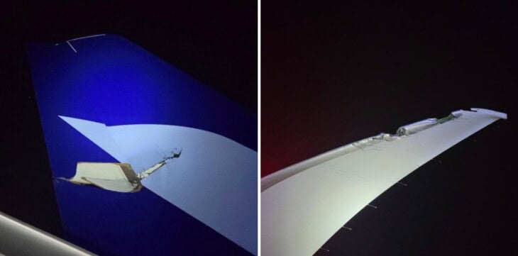 damage to the vertical stabilizer and rudder of N247BZ and JA986A