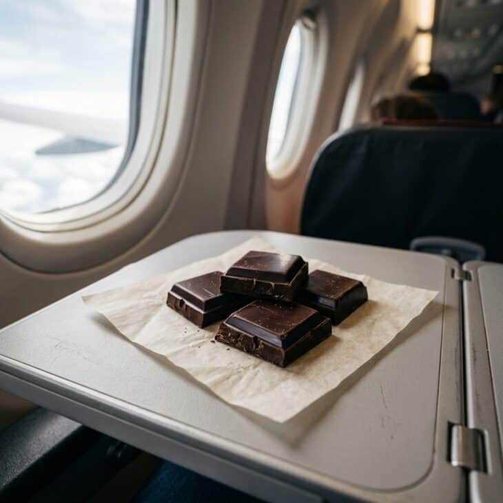 Four squares of dark chocolate on parchment paper on an airplane tray table