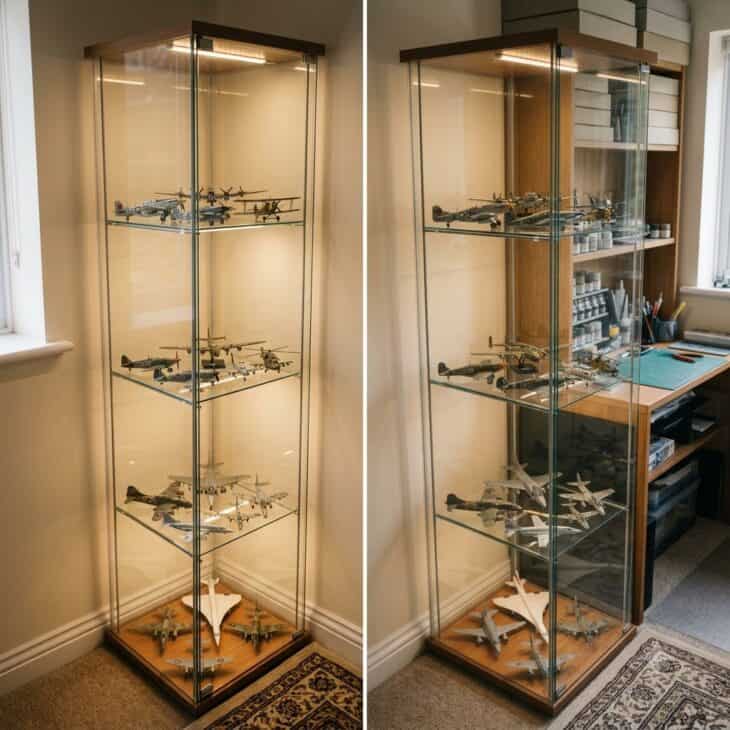 A glass tower cabinet shows a growing fleet from every side.
