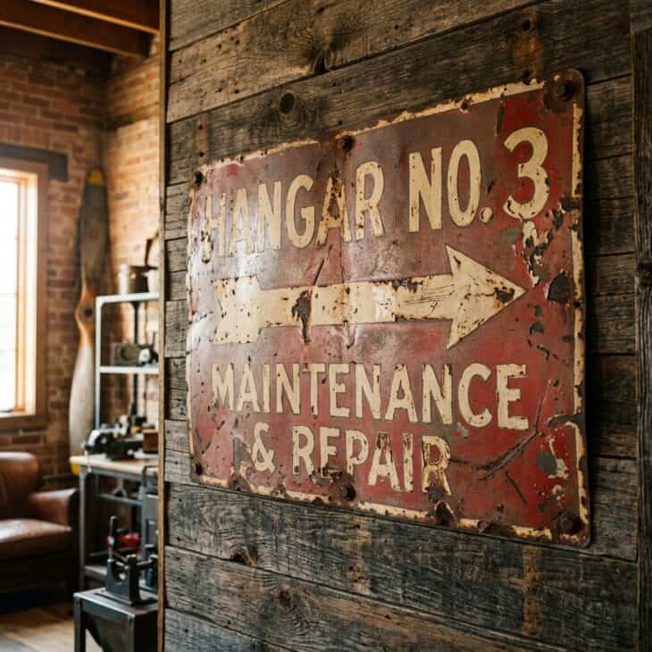 A weathered hangar-style sign brings airfield character to a garage or entryway.