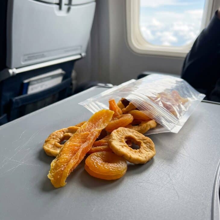 Dried mango strips, apricots and apple rings spilling from a pouch onto an airplane tray table