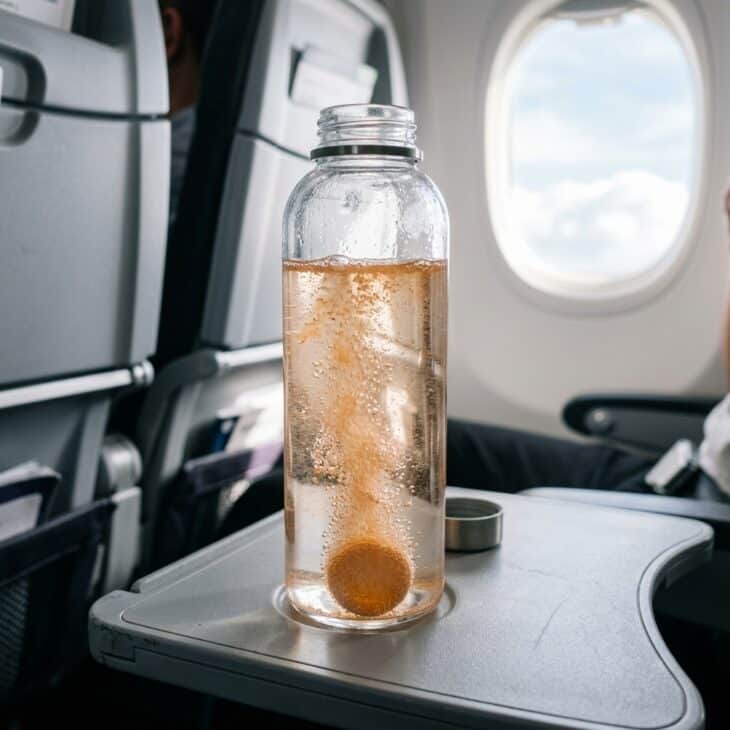 A reusable water bottle on an airplane tray table with an electrolyte tablet dissolving inside