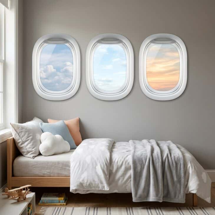 A row of faux cabin windows turns a plain bedroom wall into a changing sky view.