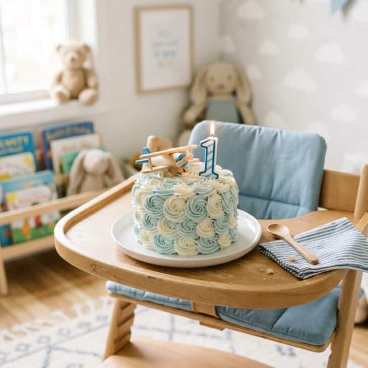 Small pale blue smash cake with a wooden plane topper and number one candle