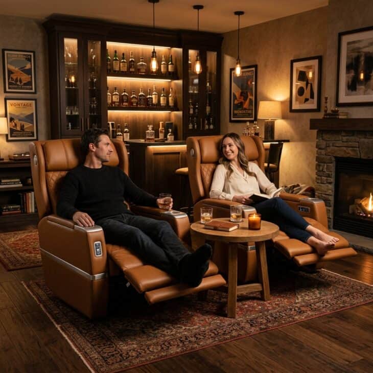 Reclining first-class style aircraft seats in tan leather near a home bar