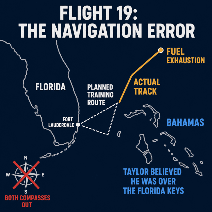 Map diagram comparing Flight 19's planned training route with the actual northeast track it flew until fuel exhaustion