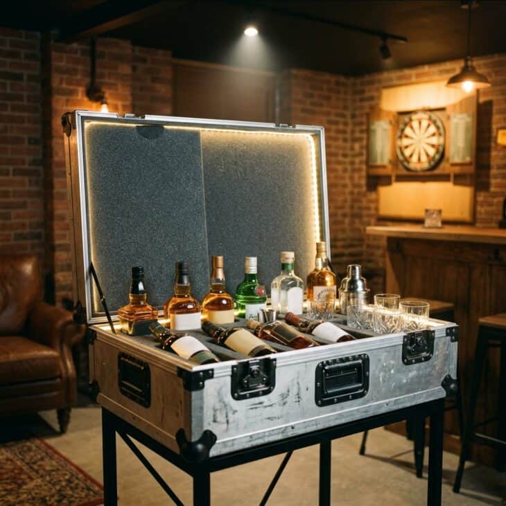 Aluminum flight case opened and repurposed as a portable bar cabinet