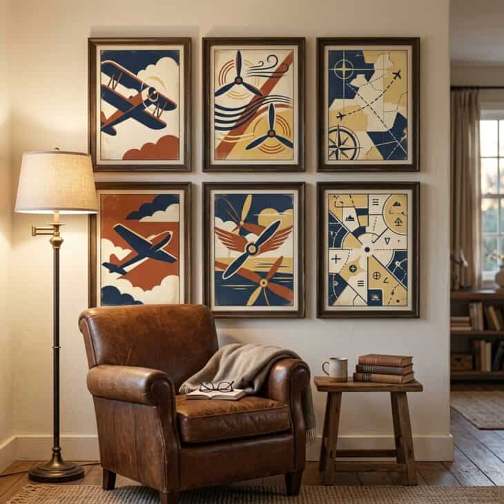 A grid of aviation book-cover art gives a reading nook color and literary character.