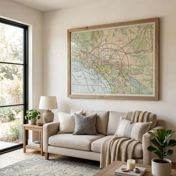 A muted sectional chart adds color, detail, and a quiet sense of place above a sofa.