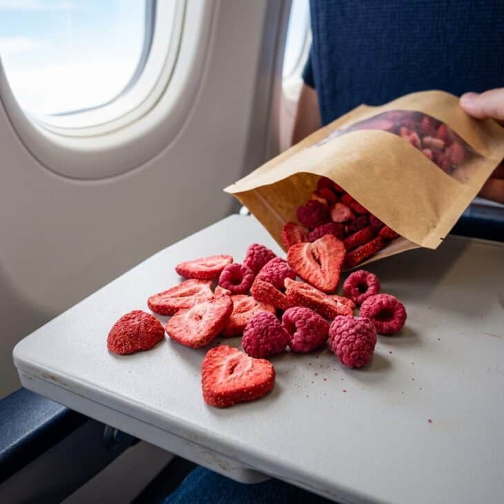 Freeze-dried strawberry and raspberry pieces spilling from a pouch onto an airplane tray table