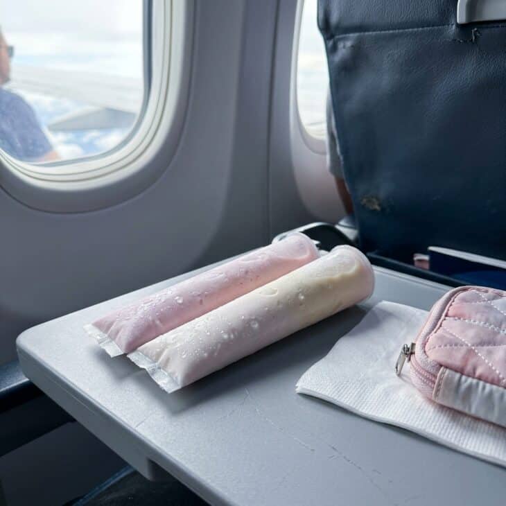 Two frosted frozen yogurt tubes beside an insulated pouch on an airplane tray table