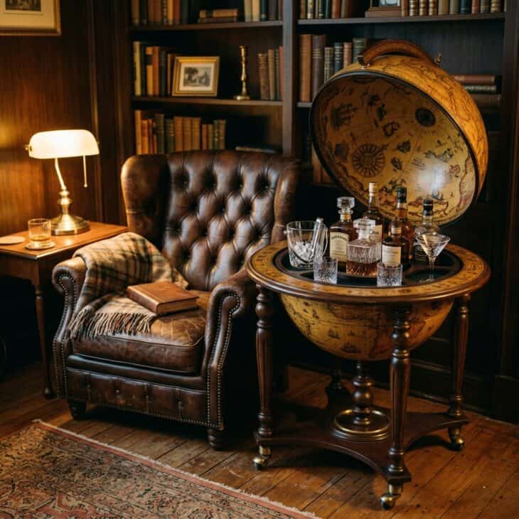 Vintage globe bar opening at the equator to reveal bottles inside