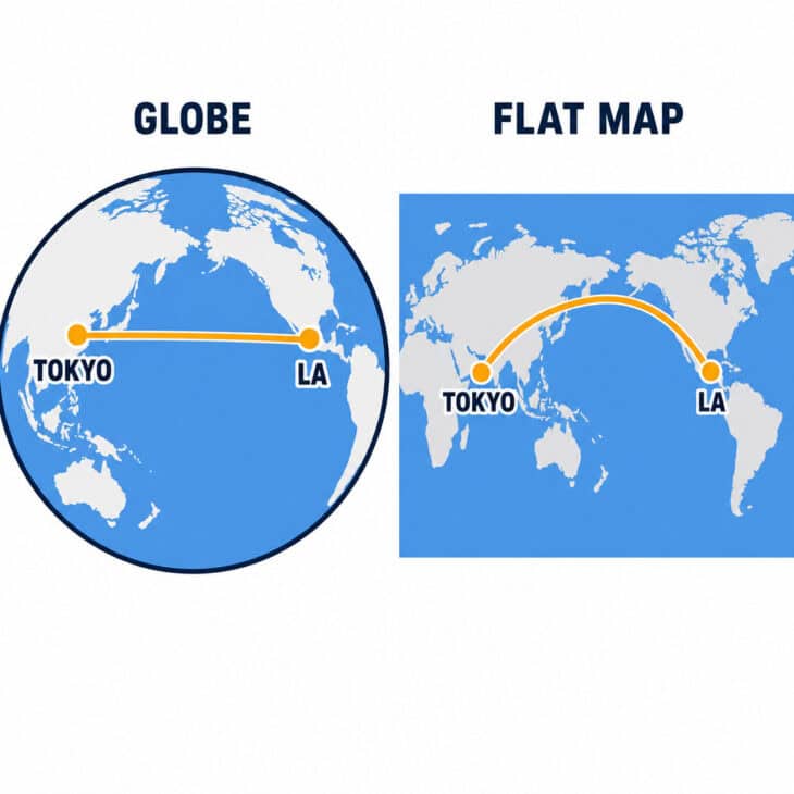 The same Los Angeles to Tokyo route looks straight on a globe and curved on a flat map.