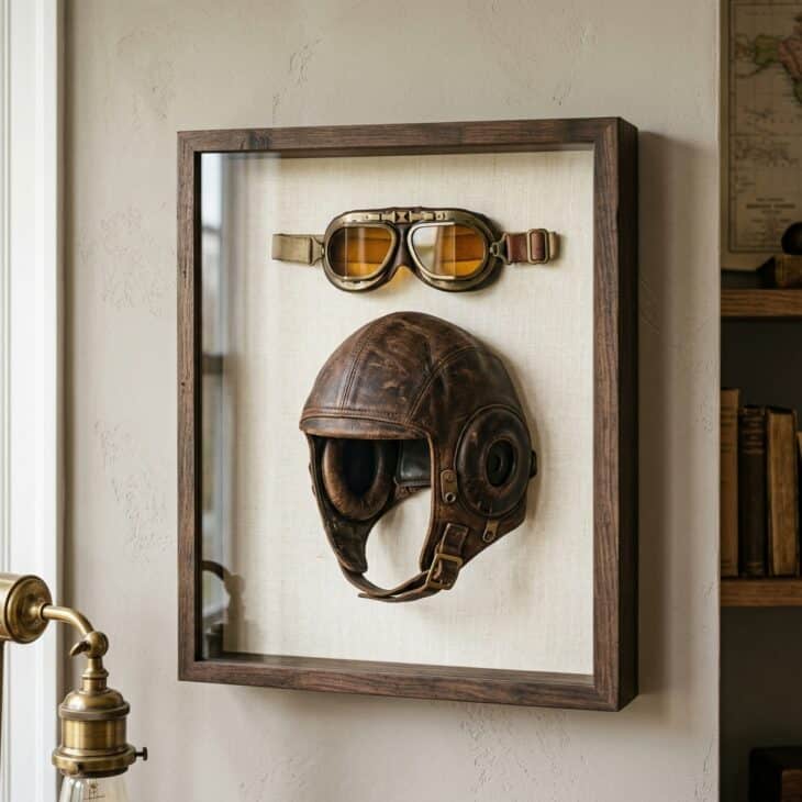 A leather flying helmet and goggles framed as a shadow box read like a portrait of an early aviator.