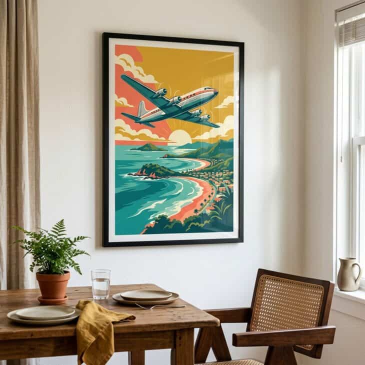 A colorful travel poster brings the optimism of early commercial flight into a dining room.