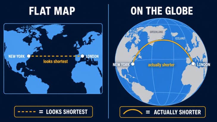 Side-by-side diagram: a straight New York to London line on a flat map versus the shorter great-circle arc curving north over Greenland and Iceland on a globe