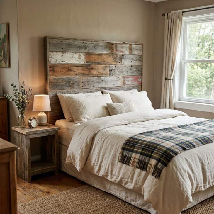 Reclaimed hangar planks make a warm, textural headboard with a story.