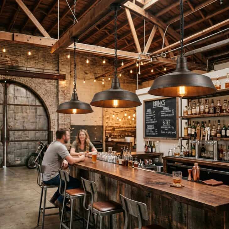 Industrial hangar-style pendant lights hanging over a home bar counter