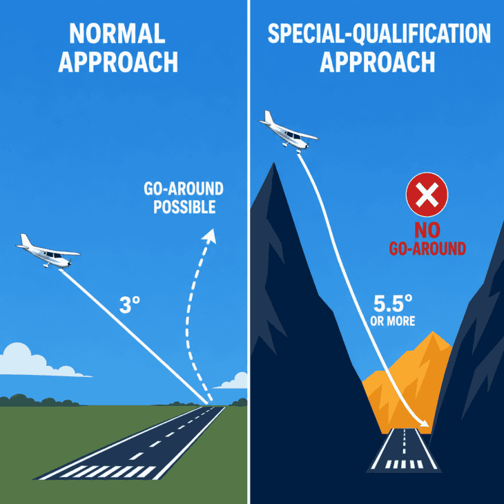 Diagram comparing a normal shallow 3-degree airplane approach with a steep approach threading between mountains to a short runway with no go-around.