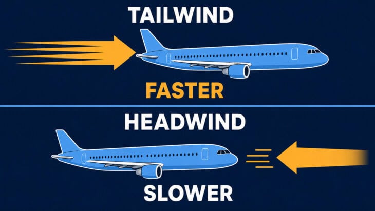 Diagram comparing a plane with a tailwind pushing it faster against a plane fighting a headwind that slows it down