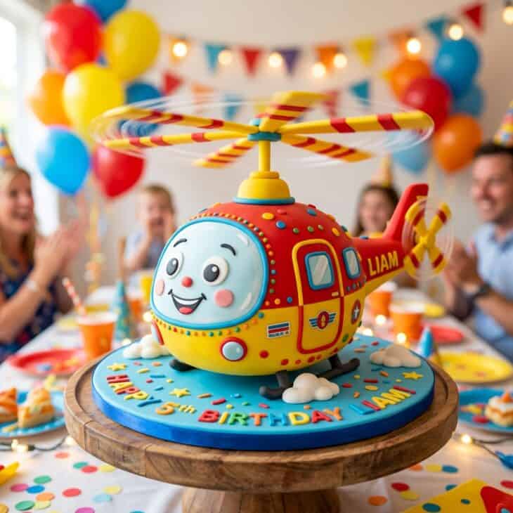 Red and yellow cartoon helicopter cake with fondant rotors