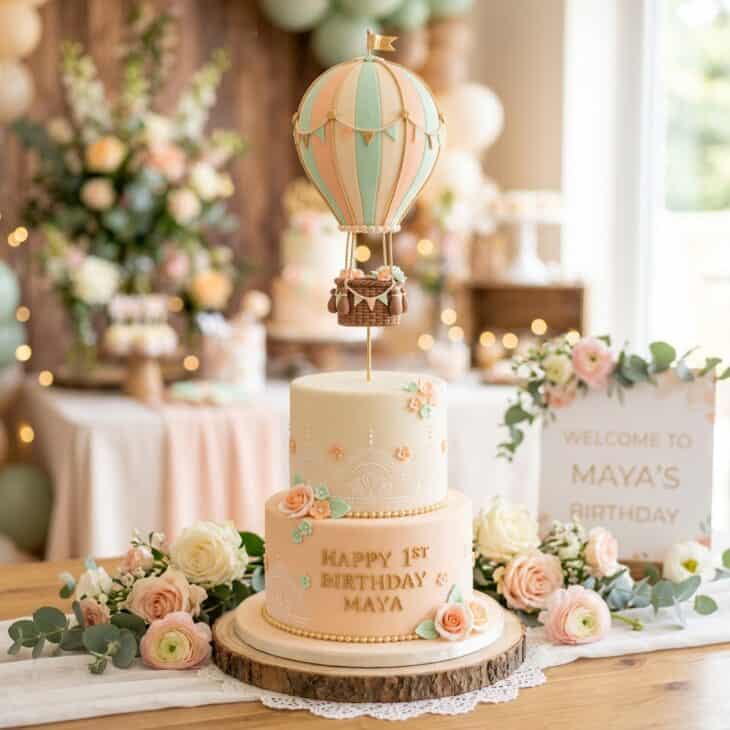 Two-tier cake with a pastel striped fondant hot air balloon floating above it
