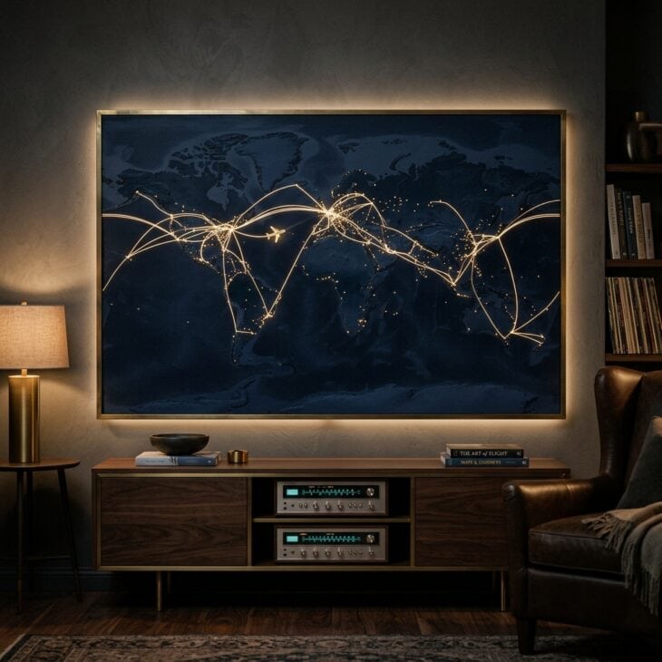 Warm route lights give a dark map panel depth after sunset.