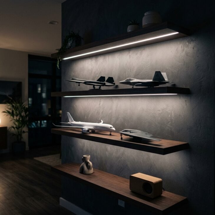 Under-shelf LEDs light each model from above for a gallery glow.