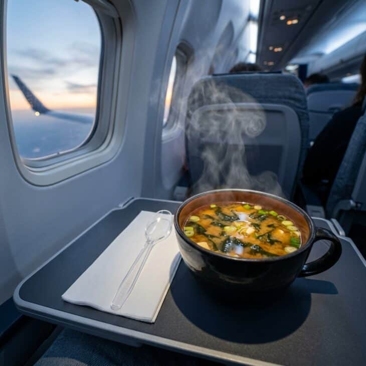 A steaming cup of instant miso soup with seaweed and spring onion on an airplane tray table
