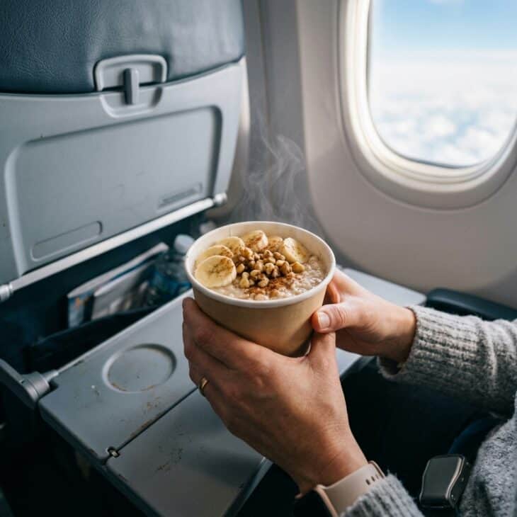 A steaming cup of instant oatmeal topped with banana and walnuts held over an airplane tray table