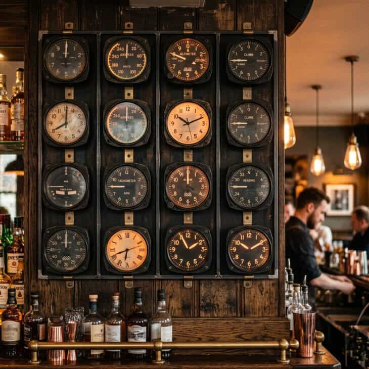 Grid of salvaged aircraft cockpit gauges and instrument clocks on a dark wall