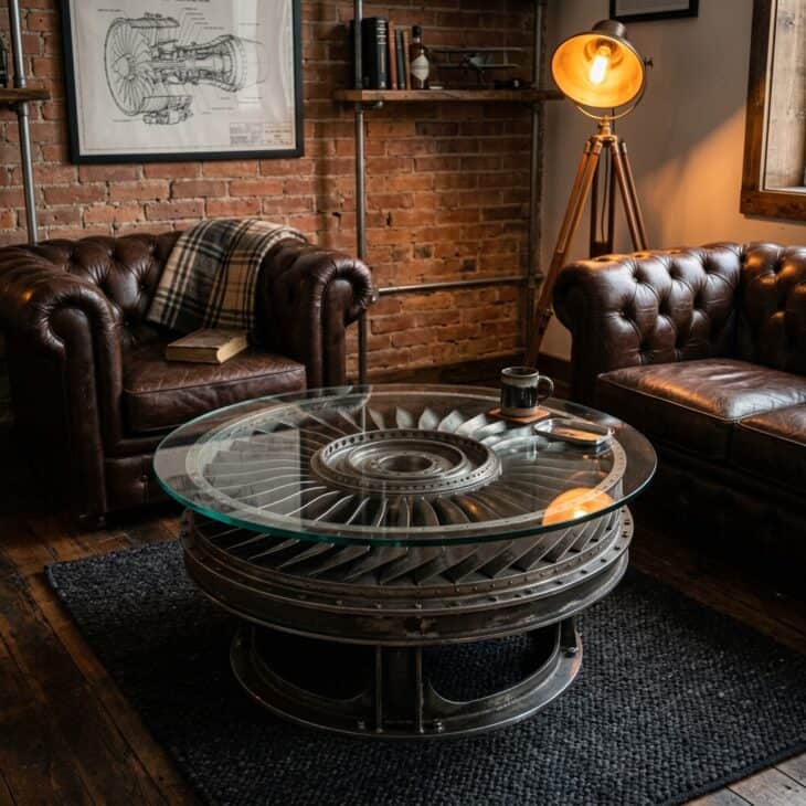 Coffee table made from a jet engine turbine section under a glass top