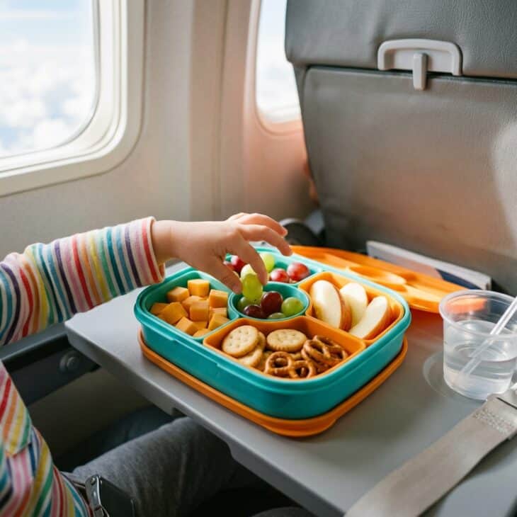 A child's compartment snack box with cheese, grapes, crackers and pretzels on an airplane tray table