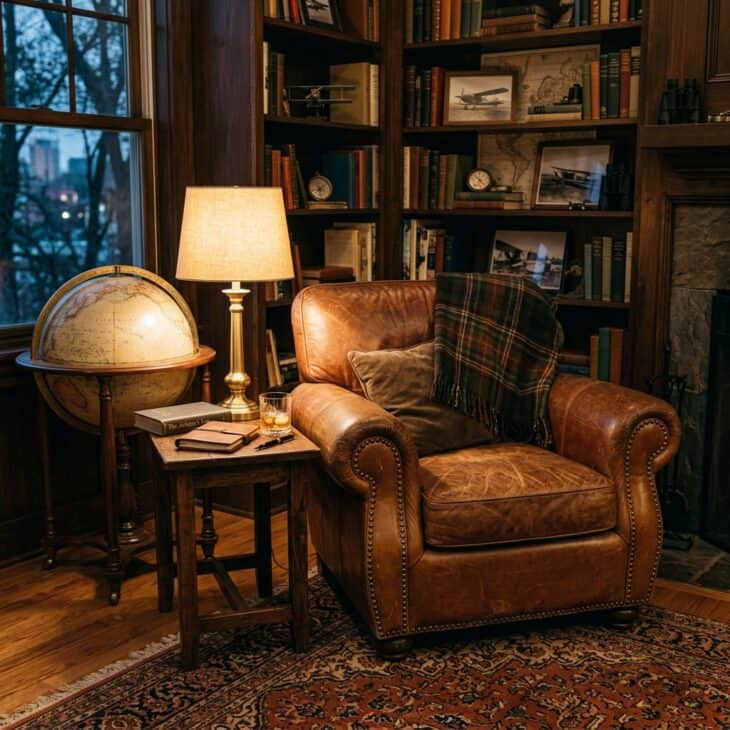 A patinated leather club chair anchors an aviator-lounge corner.