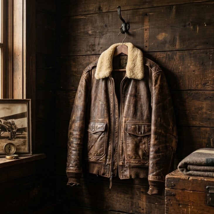 A well-worn flight jacket displayed on a stand becomes wearable decor.