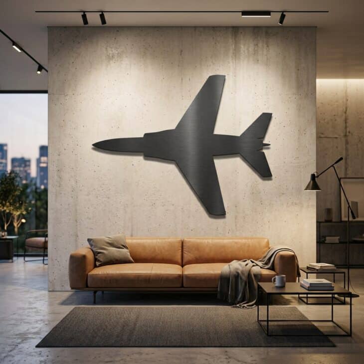 A brushed-metal jet silhouette creates a clean industrial statement with almost no visual clutter.