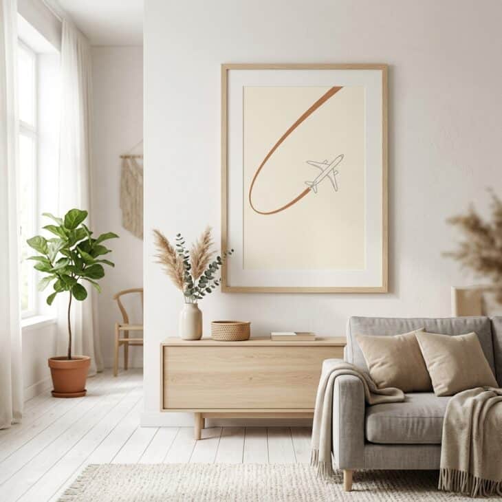 One sweeping contrail line gives a quiet modern room just enough aviation character.