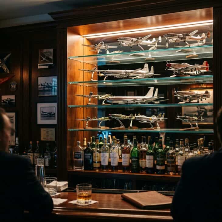 Scale model aircraft displayed on lit glass shelves behind a home bar