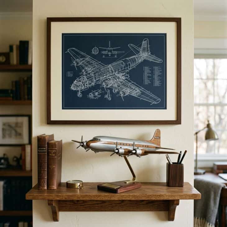 Pairing a model with a framed blueprint doubles the impact.