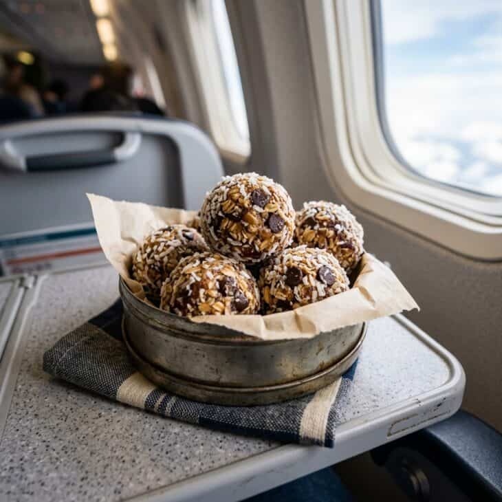 Homemade oat and date energy balls rolled in coconut in a small tin on an airplane tray table