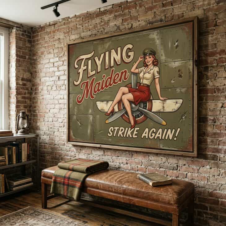 A nose-art canvas brings the swagger of painted warbirds onto the wall.