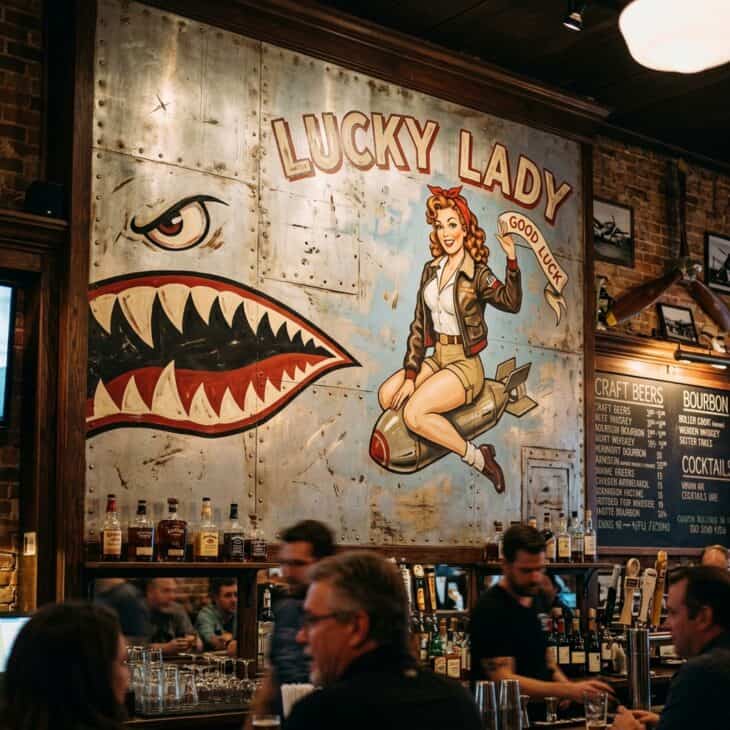 Hand-painted vintage warbird nose art mural on a home bar feature wall
